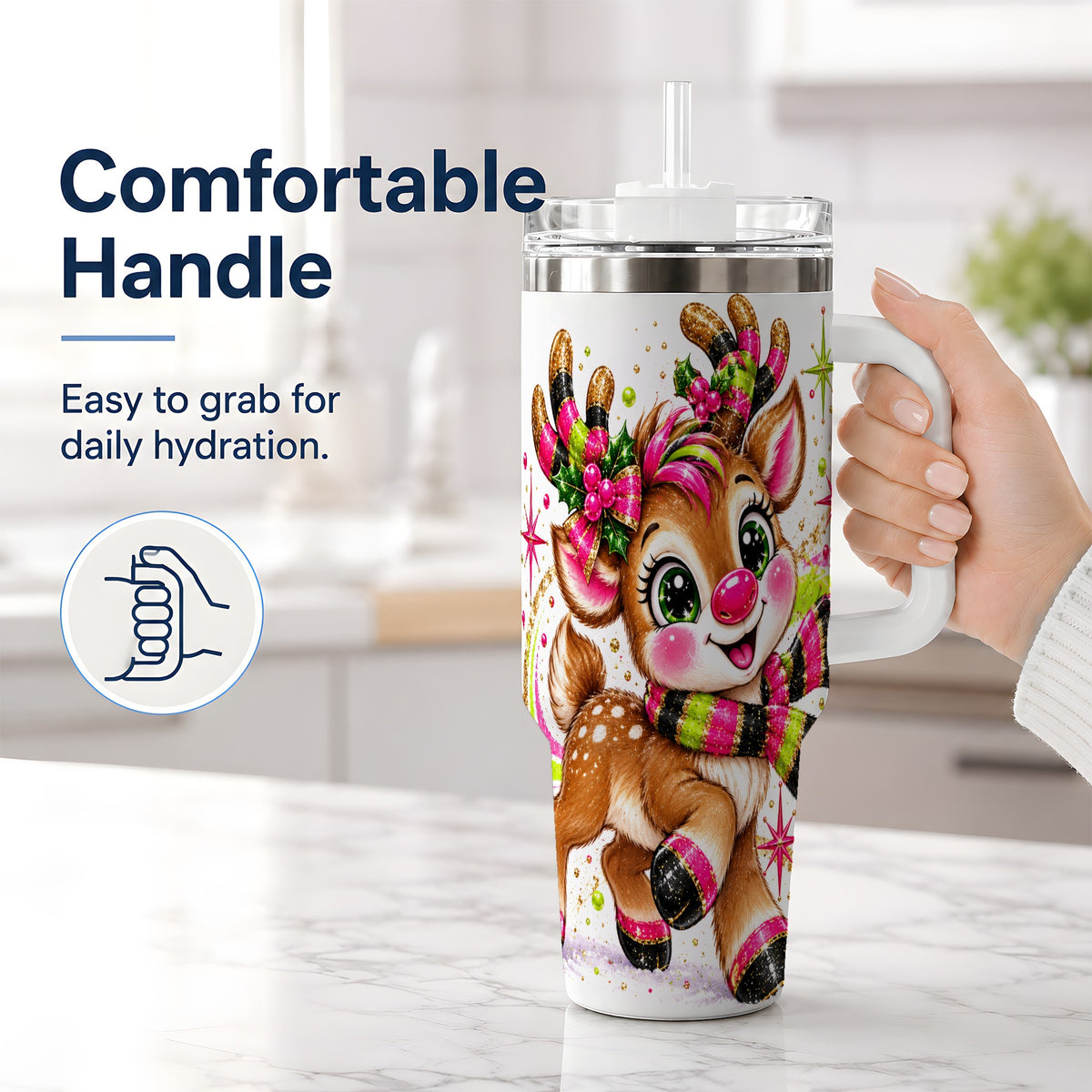#pl[40oz|White] Bright Christmas Reindeer Tumbler, 40oz Stainless Steel Tumbler for Drinks