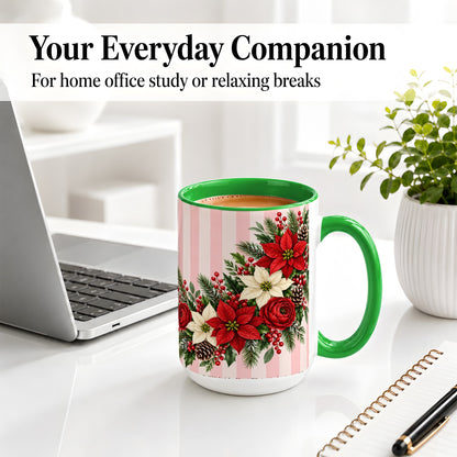 #pl[15oz|Green] Poinsettia Christmas Floral Mug, Ceramic Mug with Pink Stripes