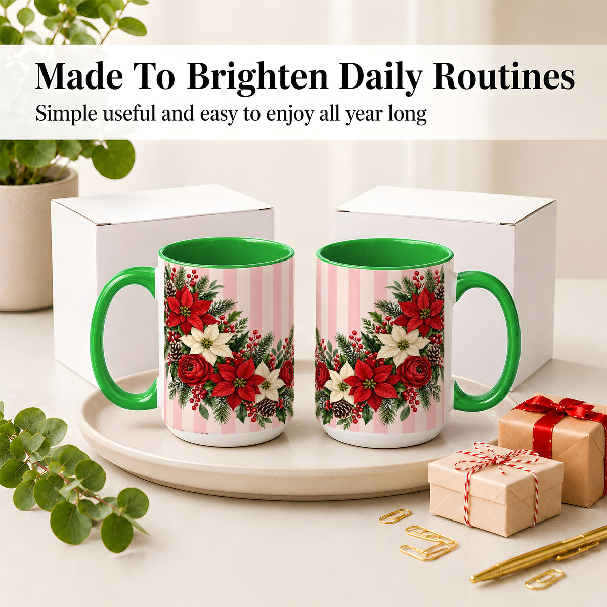 #pl[15oz|Green] Poinsettia Christmas Floral Mug, Ceramic Mug with Pink Stripes