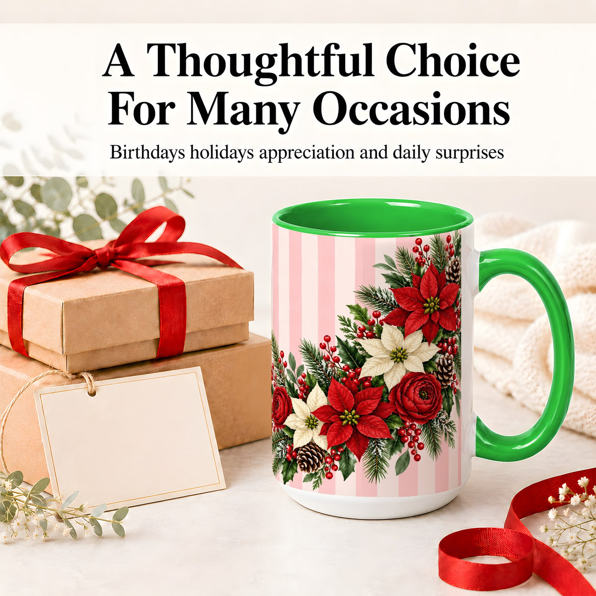 #pl[15oz|Green] Poinsettia Christmas Floral Mug, Ceramic Mug with Pink Stripes