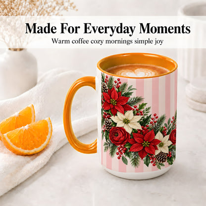 #pl[15oz|Orange] Poinsettia Christmas Floral Mug, Ceramic Mug with Pink Stripes