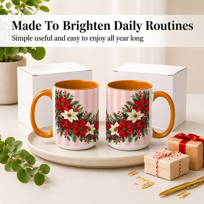 #pl[15oz|Orange] Poinsettia Christmas Floral Mug, Ceramic Mug with Pink Stripes