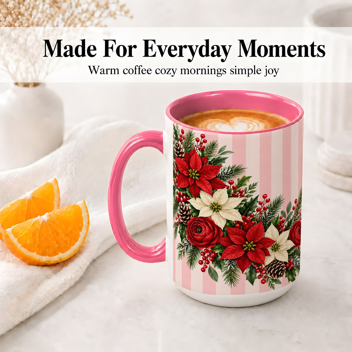 #pl[15oz|Pink] Poinsettia Christmas Floral Mug, Ceramic Mug with Pink Stripes