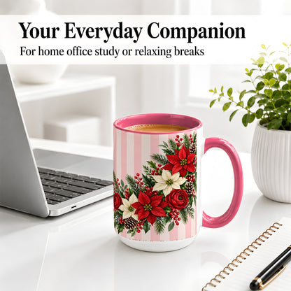 #pl[15oz|Pink] Poinsettia Christmas Floral Mug, Ceramic Mug with Pink Stripes
