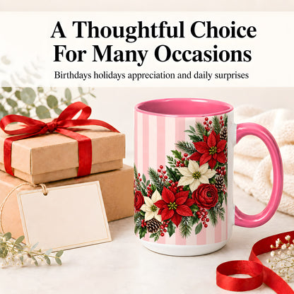 #pl[15oz|Pink] Poinsettia Christmas Floral Mug, Ceramic Mug with Pink Stripes