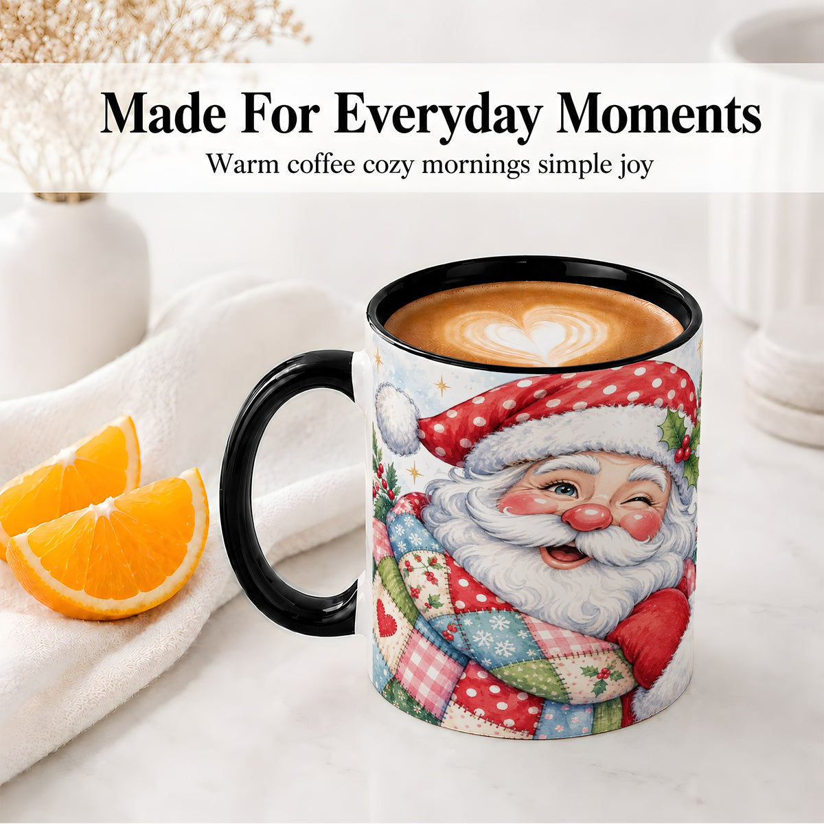#pl[11oz|Black] Patchwork Santa Christmas Mug, Ceramic Mug with Watercolor Art
