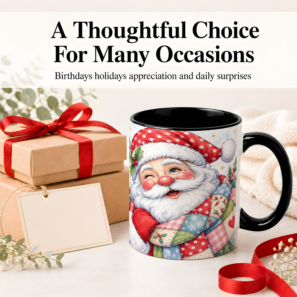 #pl[11oz|Black] Patchwork Santa Christmas Mug, Ceramic Mug with Watercolor Art