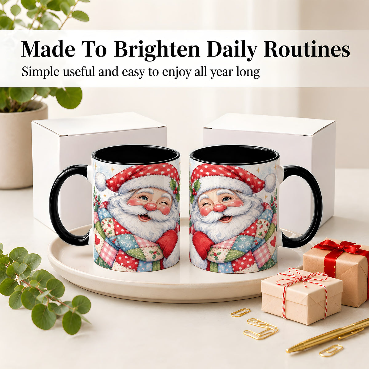 #pl[11oz|Black] Patchwork Santa Christmas Mug, Ceramic Mug with Watercolor Art