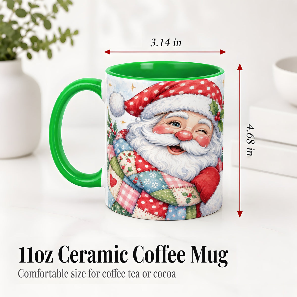 #pl[11oz|Green] Patchwork Santa Christmas Mug, Ceramic Mug with Watercolor Art
