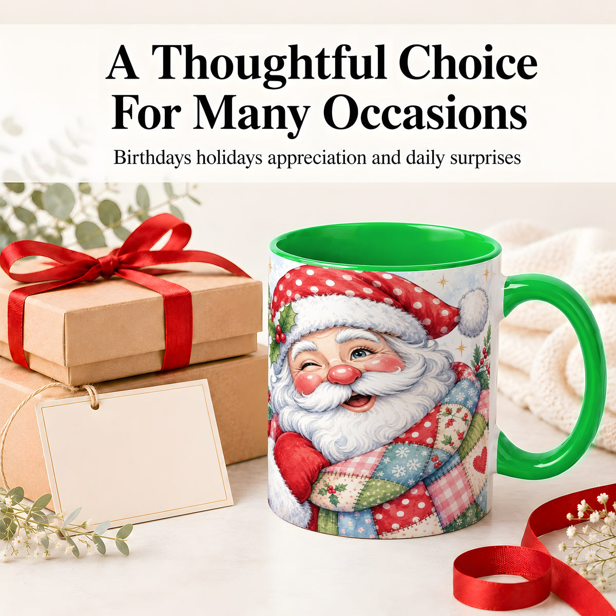 #pl[11oz|Green] Patchwork Santa Christmas Mug, Ceramic Mug with Watercolor Art