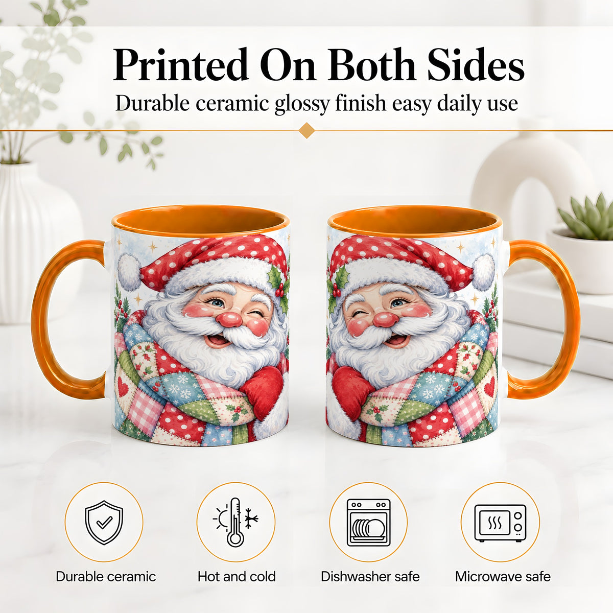 #pl[11oz|Orange] Patchwork Santa Christmas Mug, Ceramic Mug with Watercolor Art