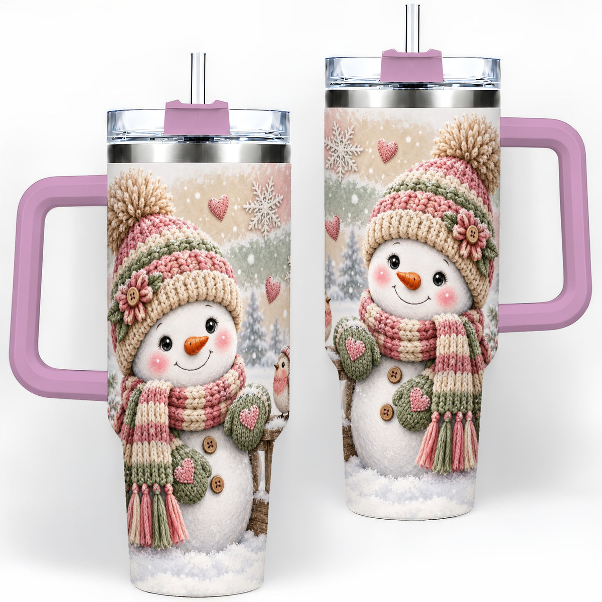 #pl[40oz|Pink] Cozy Winter Snowman Tumbler, 40oz Stainless Steel Tumbler for Daily Use