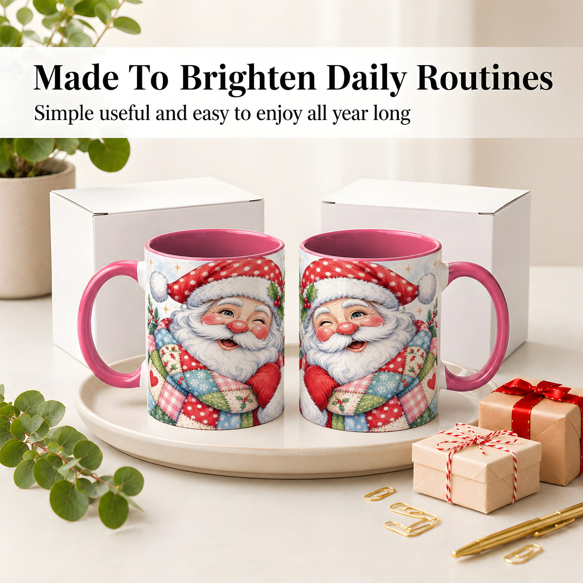 #pl[11oz|Pink] Patchwork Santa Christmas Mug, Ceramic Mug with Watercolor Art