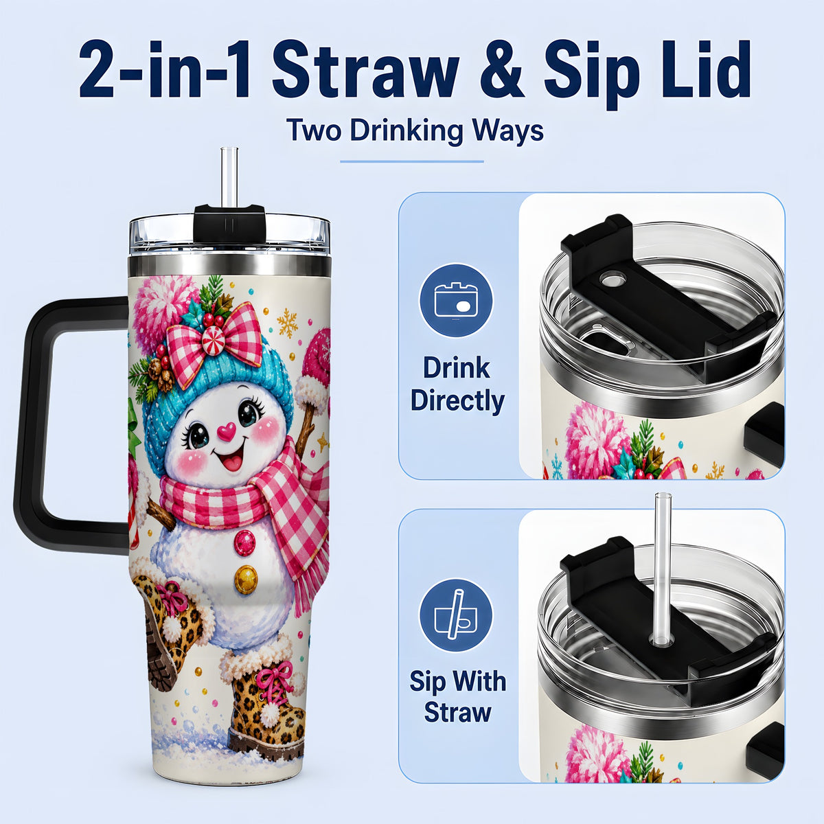 #pl[40oz|Black] Colorful Christmas Snowman Tumbler, 40oz Stainless Steel Tumbler for Drinks
