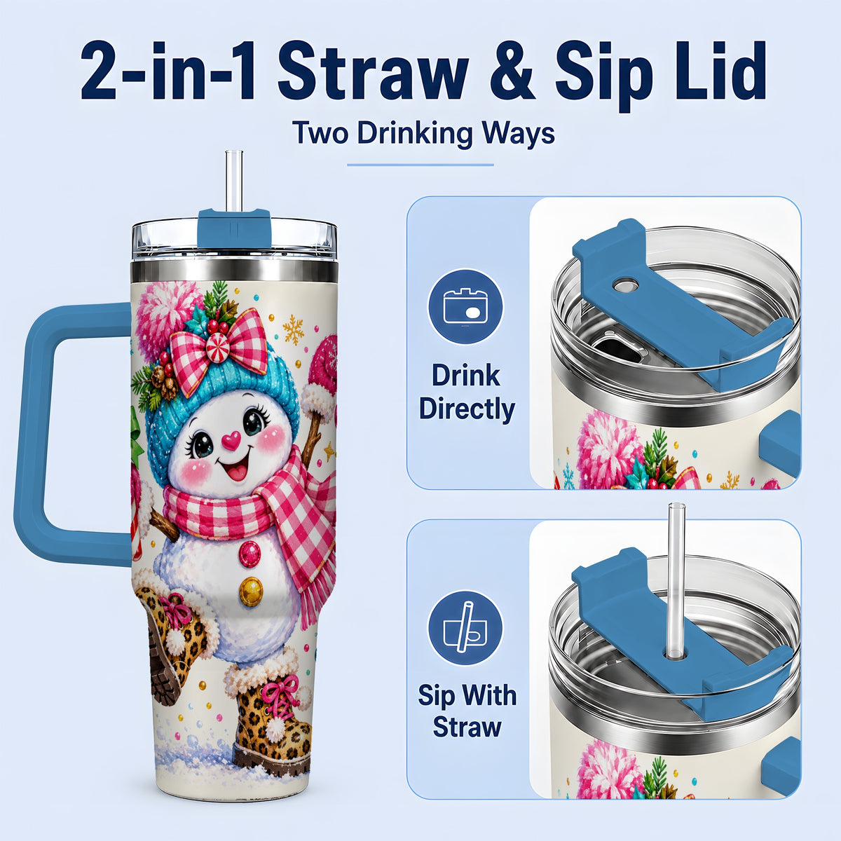 #pl[40oz|Blue] Colorful Christmas Snowman Tumbler, 40oz Stainless Steel Tumbler for Drinks