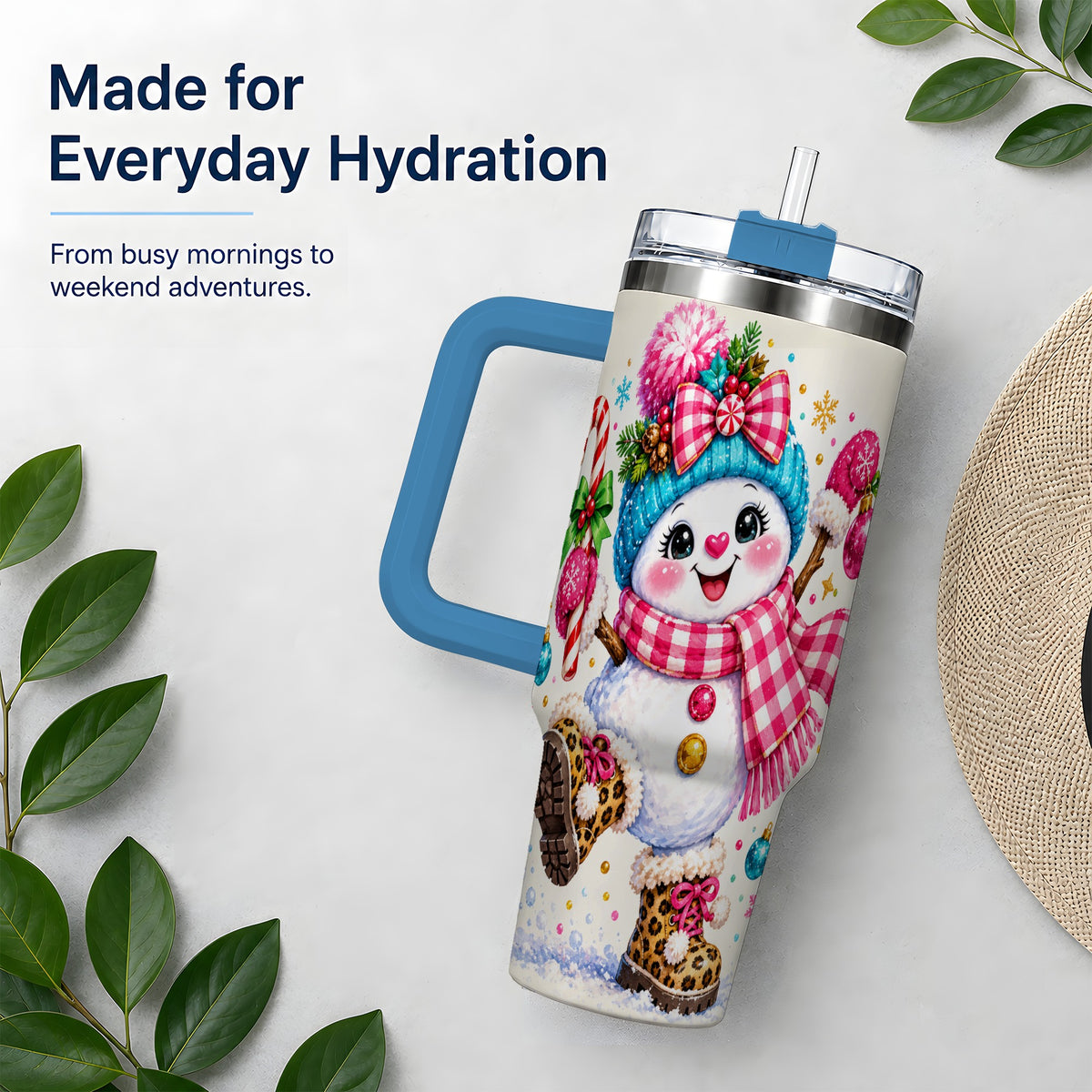 #pl[40oz|Blue] Colorful Christmas Snowman Tumbler, 40oz Stainless Steel Tumbler for Drinks