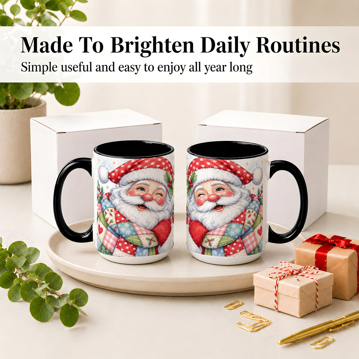 #pl[15oz|Black] Patchwork Santa Christmas Mug, Ceramic Mug with Watercolor Art