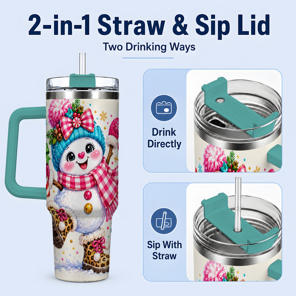 #pl[40oz|Green] Colorful Christmas Snowman Tumbler, 40oz Stainless Steel Tumbler for Drinks