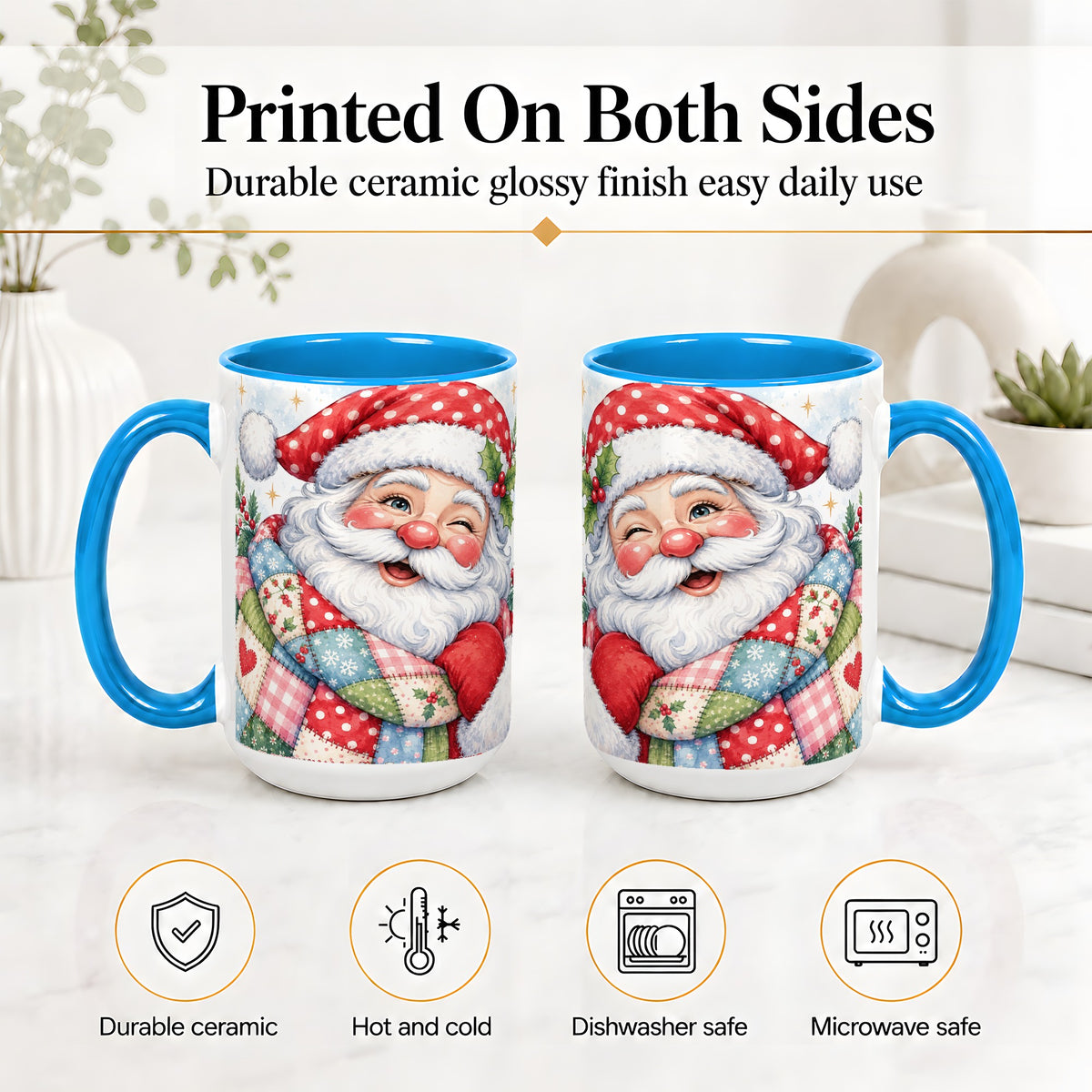 #pl[15oz|Blue] Patchwork Santa Christmas Mug, Ceramic Mug with Watercolor Art
