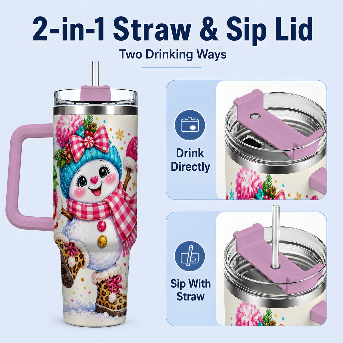 #pl[40oz|Pink] Colorful Christmas Snowman Tumbler, 40oz Stainless Steel Tumbler for Drinks