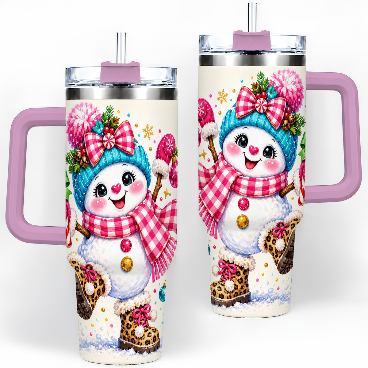 #pl[40oz|Pink] Colorful Christmas Snowman Tumbler, 40oz Stainless Steel Tumbler for Drinks