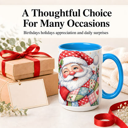 #pl[15oz|Blue] Patchwork Santa Christmas Mug, Ceramic Mug with Watercolor Art