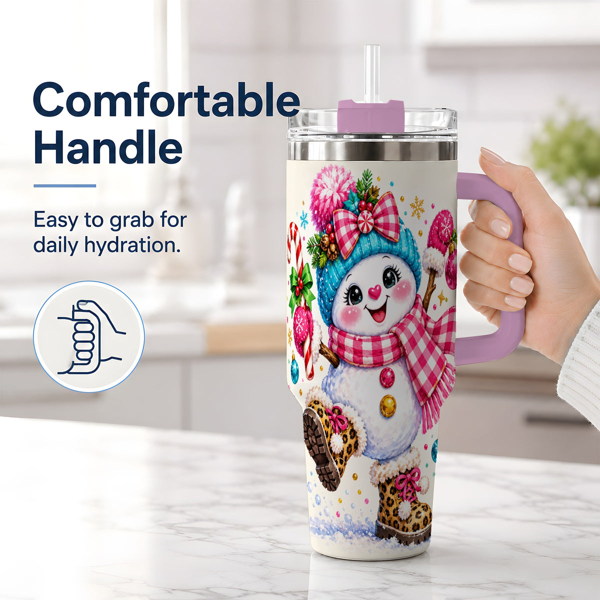 #pl[40oz|Pink] Colorful Christmas Snowman Tumbler, 40oz Stainless Steel Tumbler for Drinks