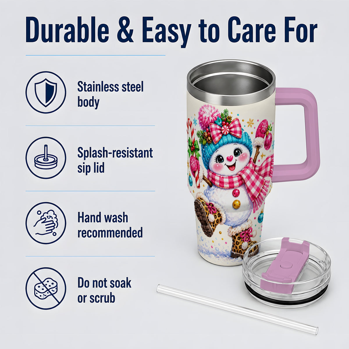 #pl[40oz|Pink] Colorful Christmas Snowman Tumbler, 40oz Stainless Steel Tumbler for Drinks