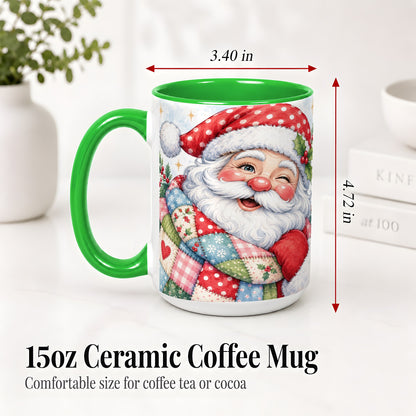 #pl[15oz|Green] Patchwork Santa Christmas Mug, Ceramic Mug with Watercolor Art