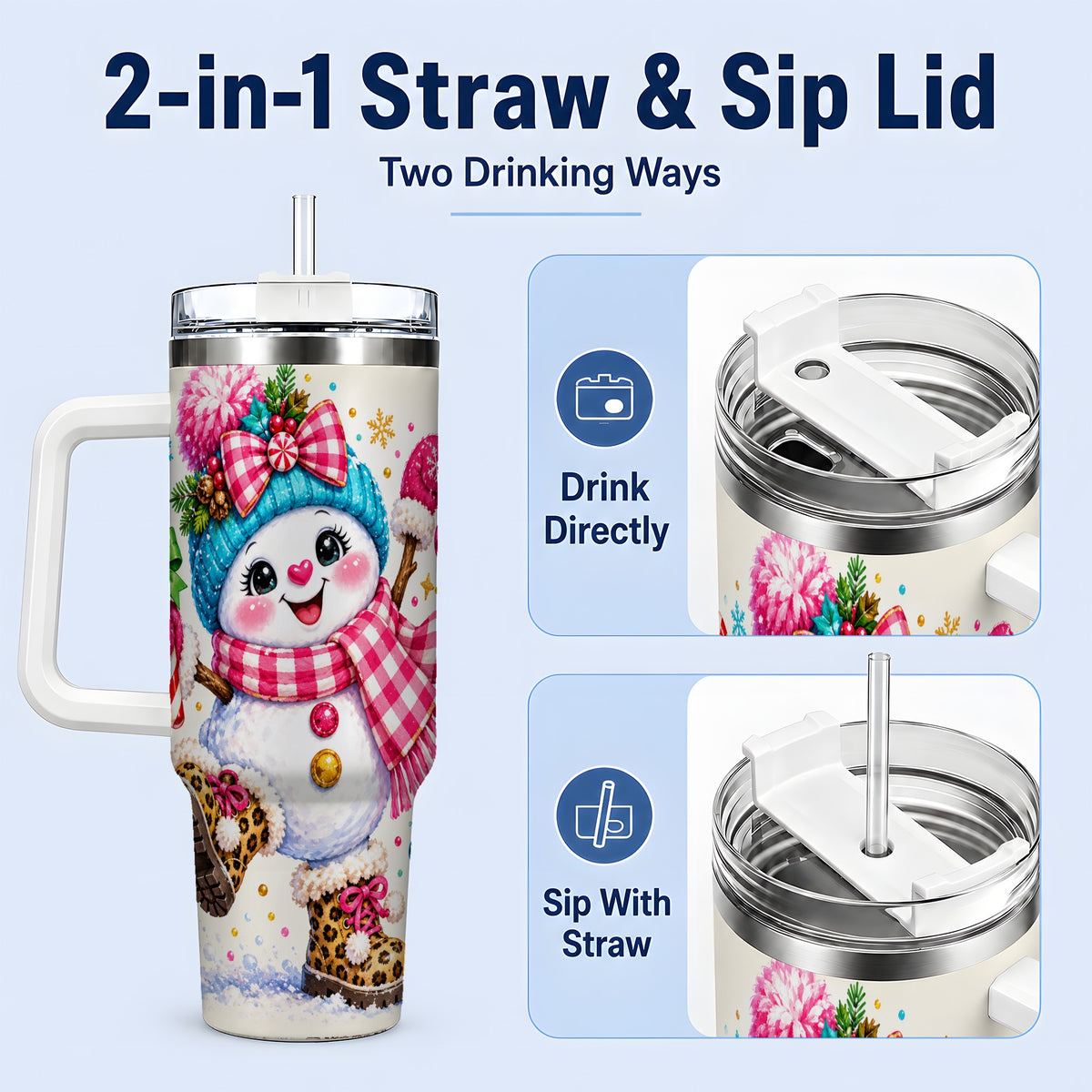 #pl[40oz|White] Colorful Christmas Snowman Tumbler, 40oz Stainless Steel Tumbler for Drinks