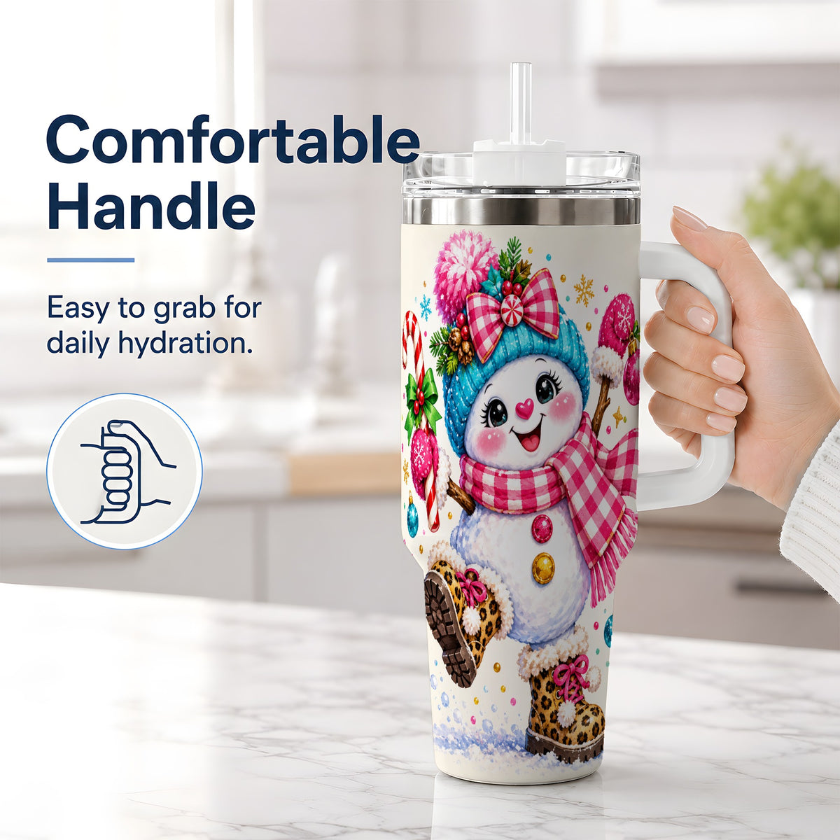 #pl[40oz|White] Colorful Christmas Snowman Tumbler, 40oz Stainless Steel Tumbler for Drinks