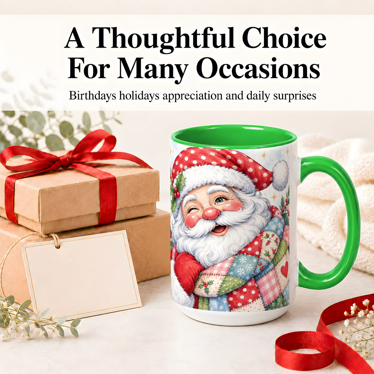 #pl[15oz|Green] Patchwork Santa Christmas Mug, Ceramic Mug with Watercolor Art