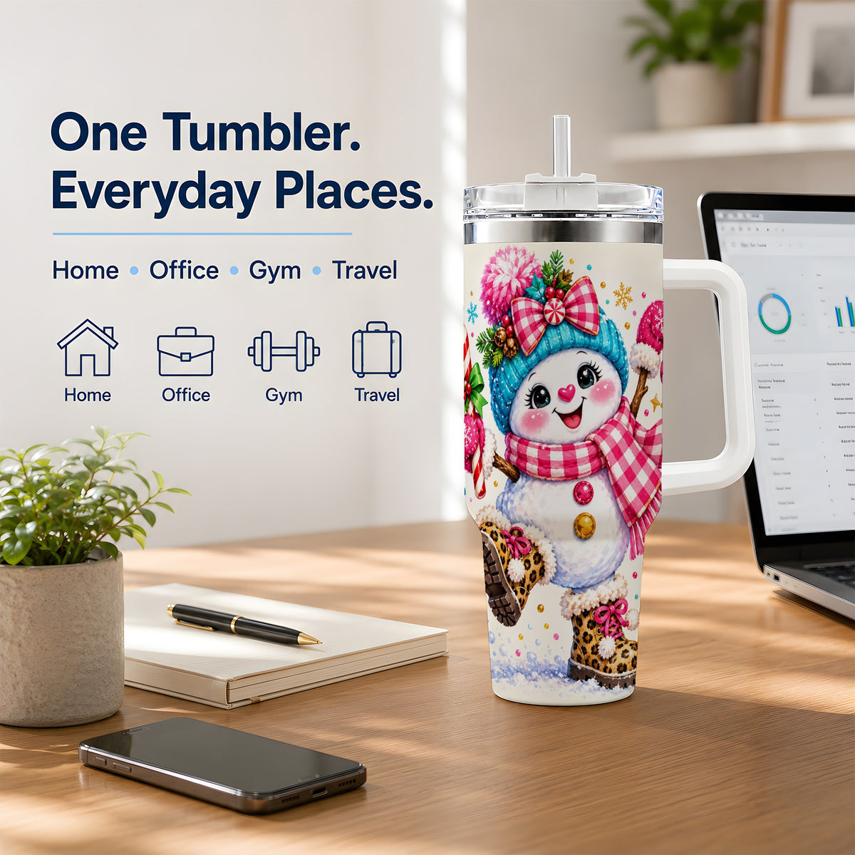 #pl[40oz|White] Colorful Christmas Snowman Tumbler, 40oz Stainless Steel Tumbler for Drinks