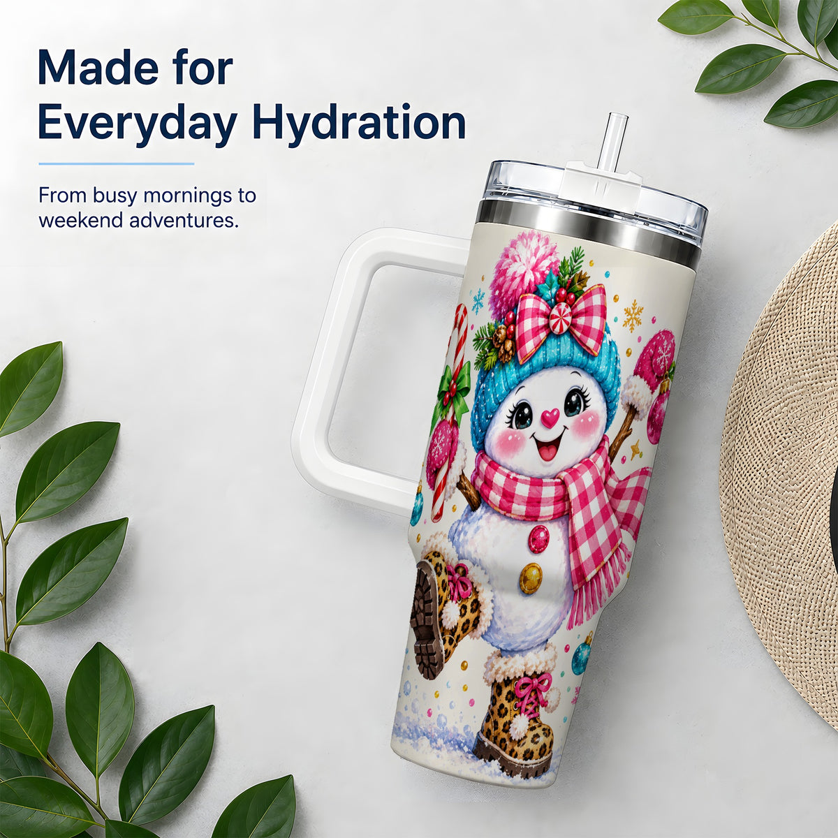 #pl[40oz|White] Colorful Christmas Snowman Tumbler, 40oz Stainless Steel Tumbler for Drinks