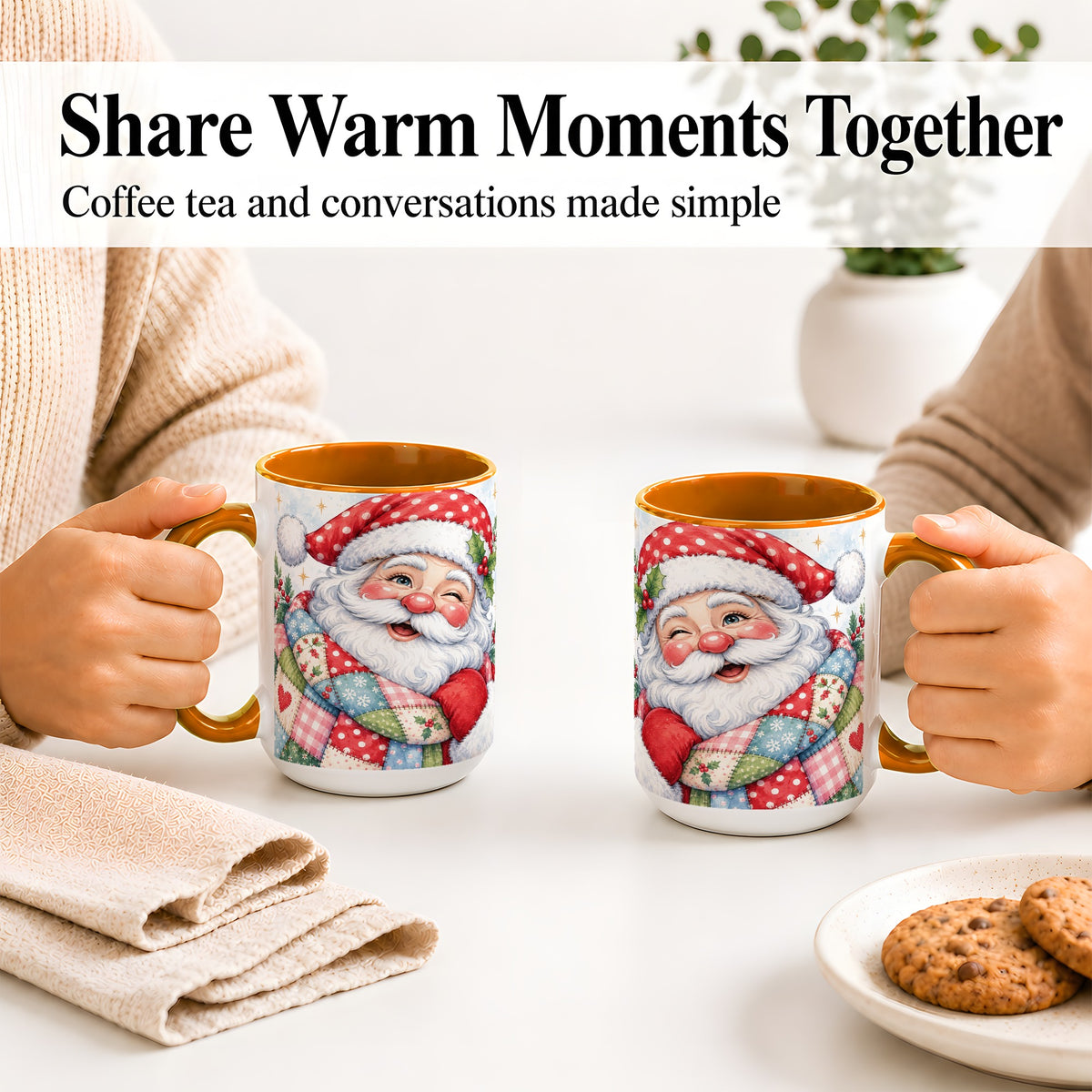 #pl[15oz|Orange] Patchwork Santa Christmas Mug, Ceramic Mug with Watercolor Art
