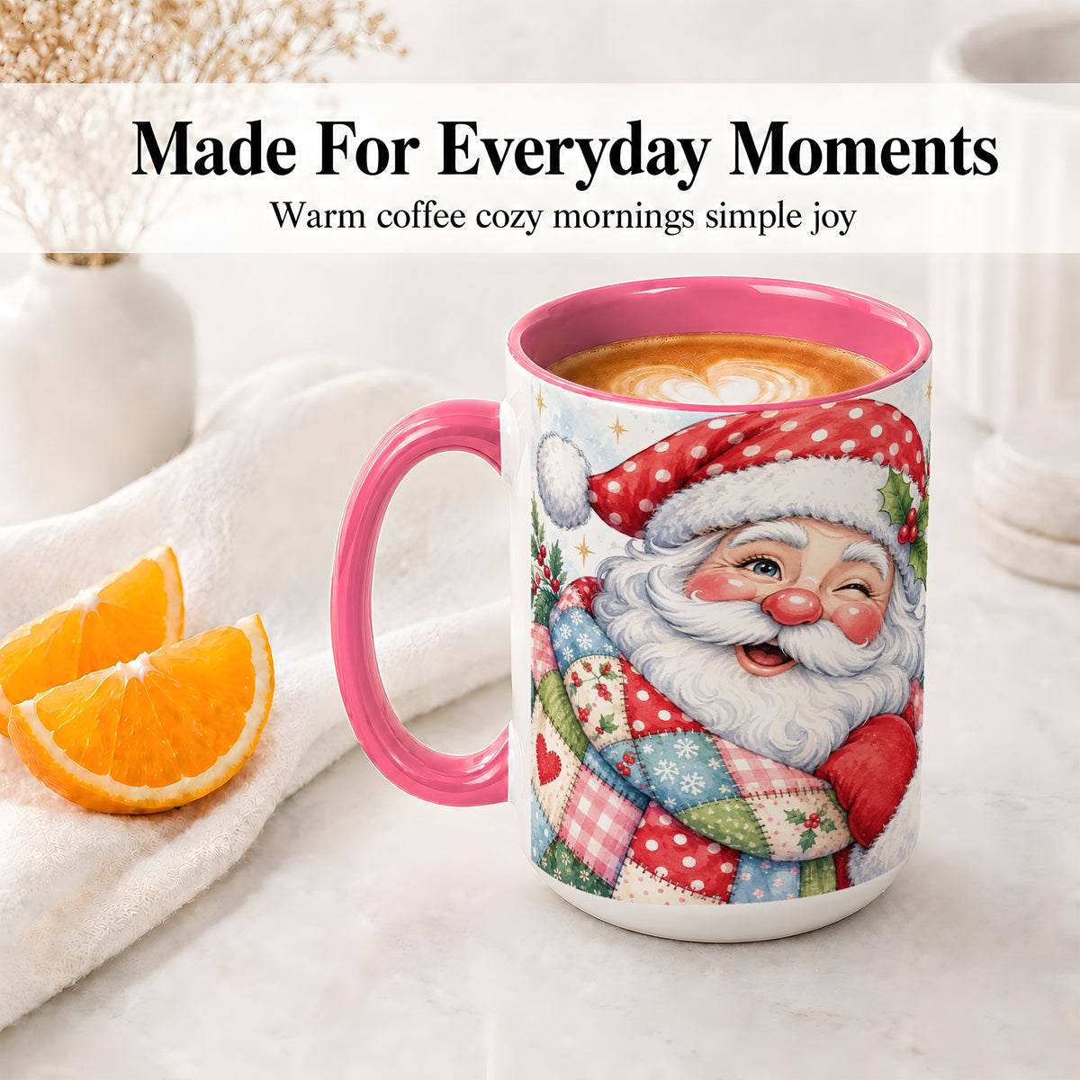 #pl[15oz|Pink] Patchwork Santa Christmas Mug, Ceramic Mug with Watercolor Art
