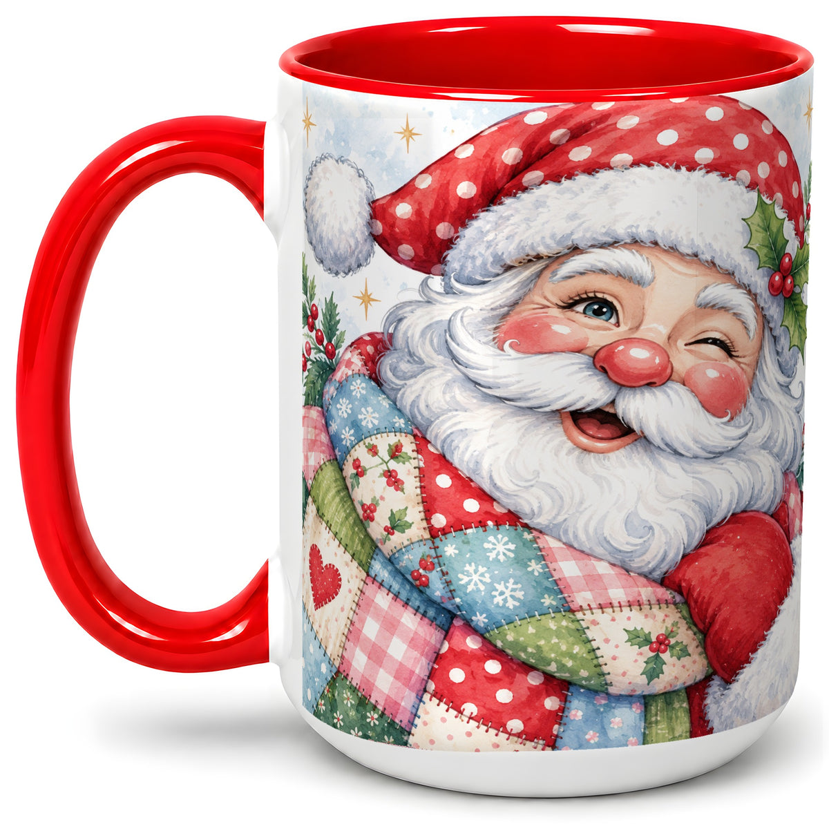 #pl[15oz|Red] Patchwork Santa Christmas Mug, Ceramic Mug with Watercolor Art