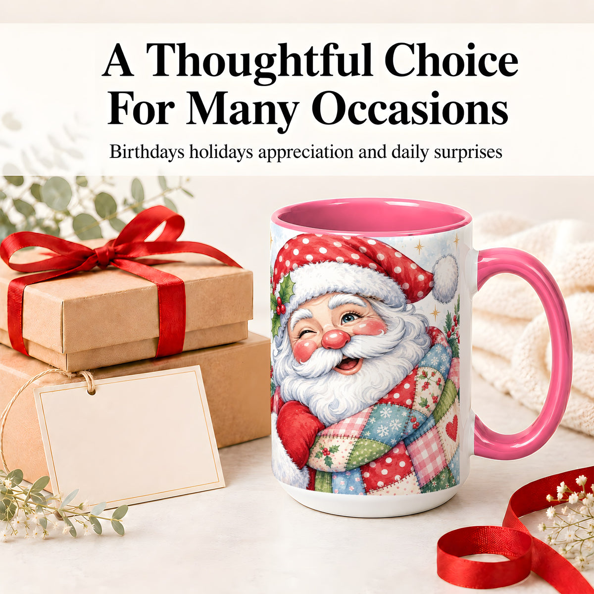 #pl[15oz|Pink] Patchwork Santa Christmas Mug, Ceramic Mug with Watercolor Art