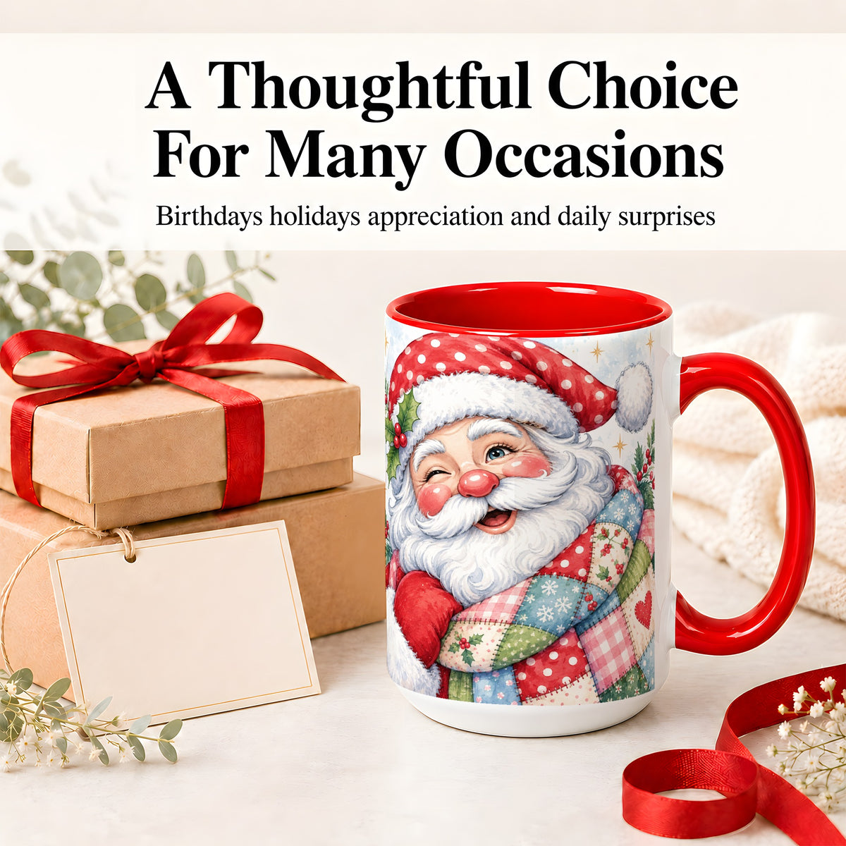 #pl[15oz|Red] Patchwork Santa Christmas Mug, Ceramic Mug with Watercolor Art
