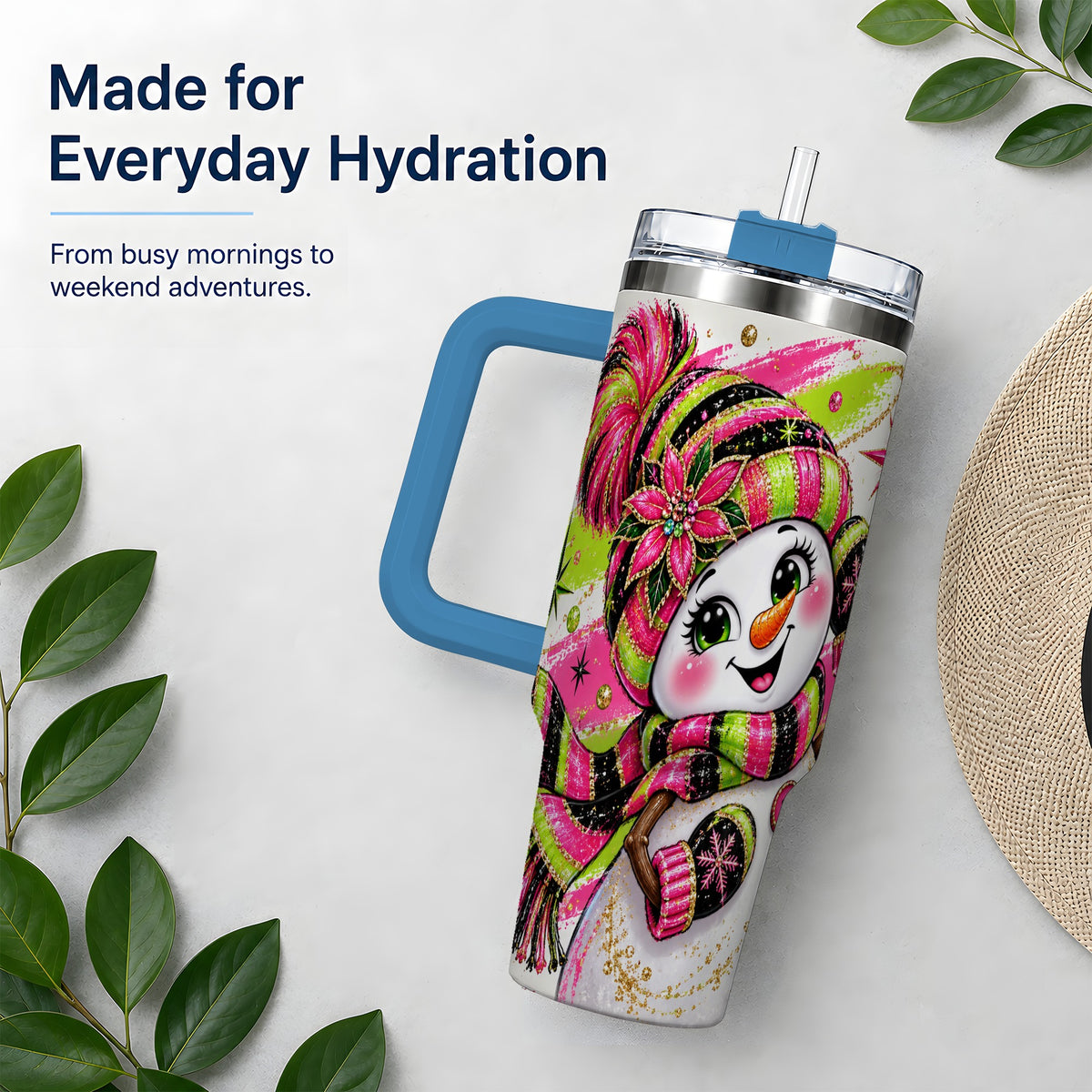 #pl[40oz|Blue] Bold Neon Snowman Tumbler, 40oz Stainless Steel Tumbler for Daily Use