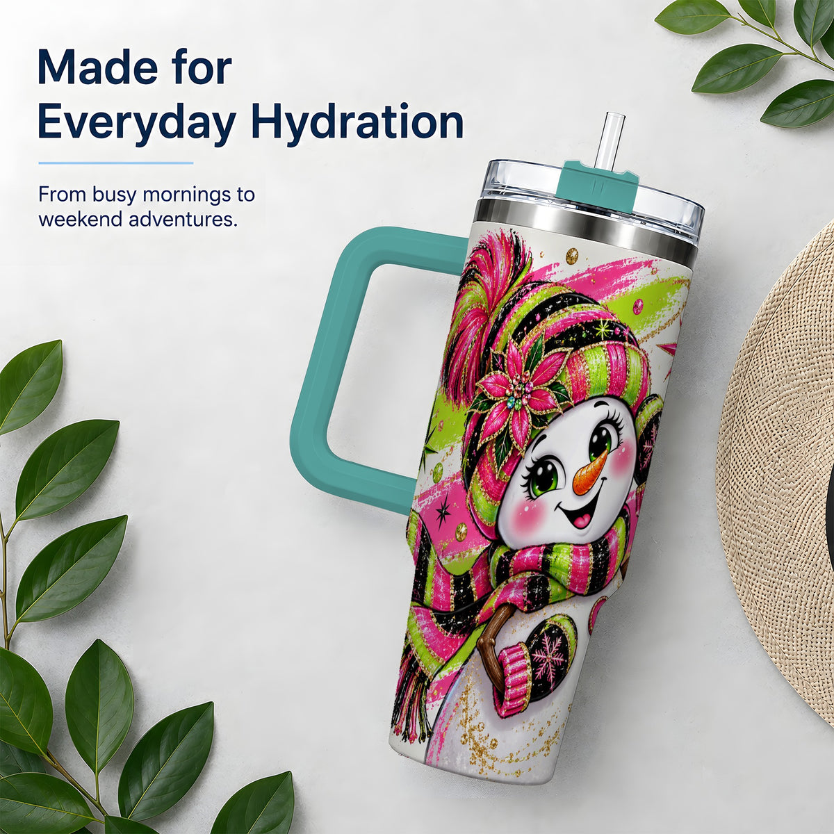 #pl[40oz|Green] Bold Neon Snowman Tumbler, 40oz Stainless Steel Tumbler for Daily Use