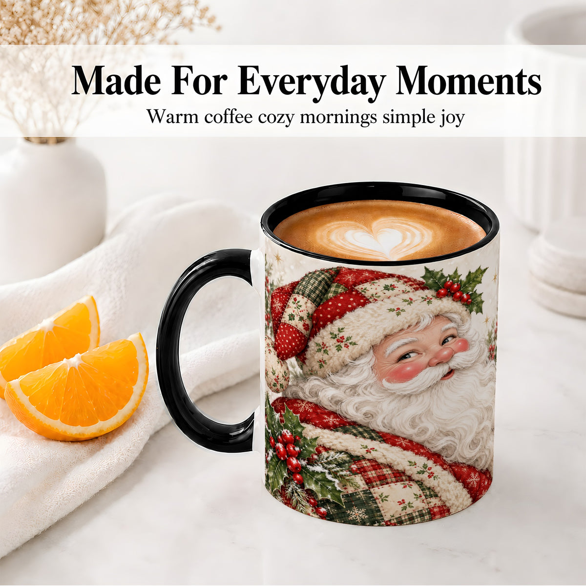 #pl[11oz|Black] Patchwork Santa Portrait Mug, Ceramic Mug with Holly Artwork