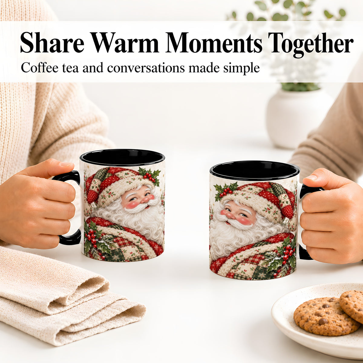 #pl[11oz|Black] Patchwork Santa Portrait Mug, Ceramic Mug with Holly Artwork