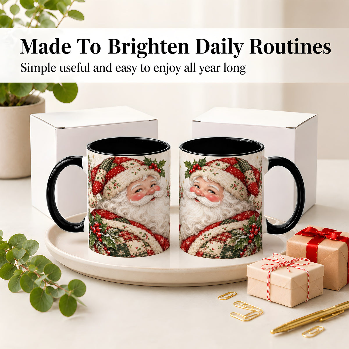 #pl[11oz|Black] Patchwork Santa Portrait Mug, Ceramic Mug with Holly Artwork