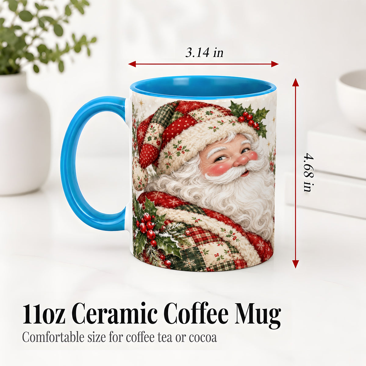 #pl[11oz|Blue] Patchwork Santa Portrait Mug, Ceramic Mug with Holly Artwork
