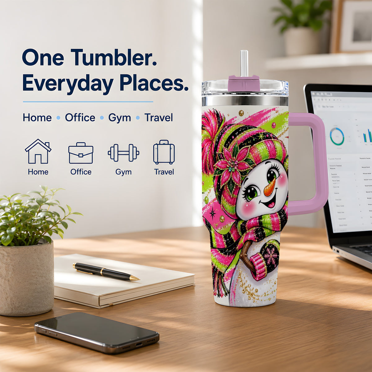 #pl[40oz|Pink] Bold Neon Snowman Tumbler, 40oz Stainless Steel Tumbler for Daily Use