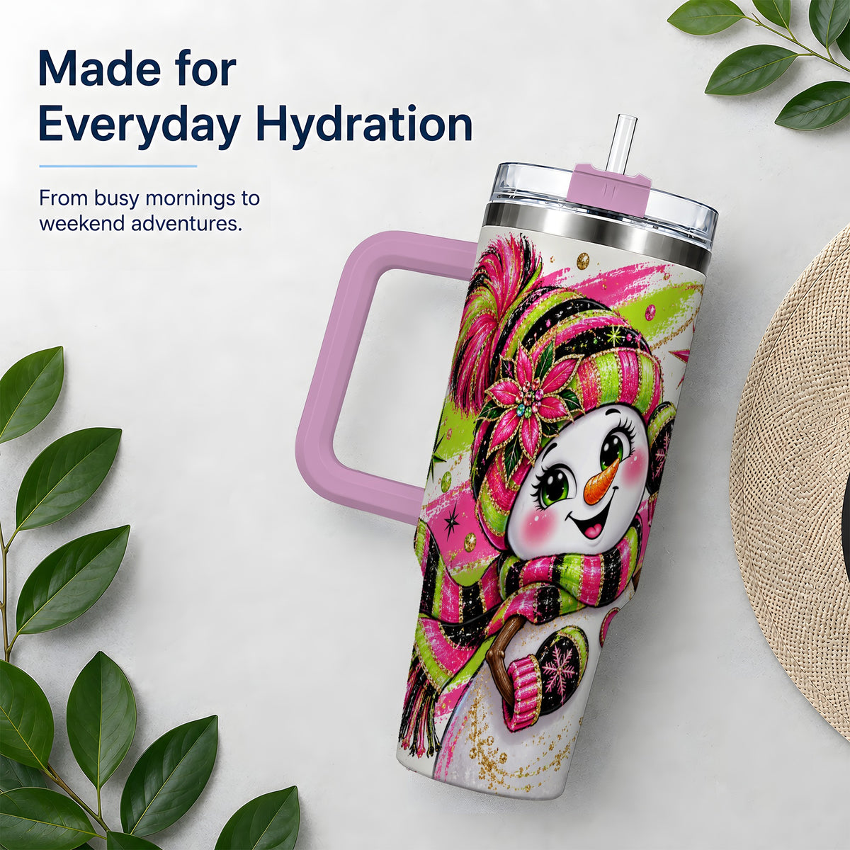 #pl[40oz|Pink] Bold Neon Snowman Tumbler, 40oz Stainless Steel Tumbler for Daily Use