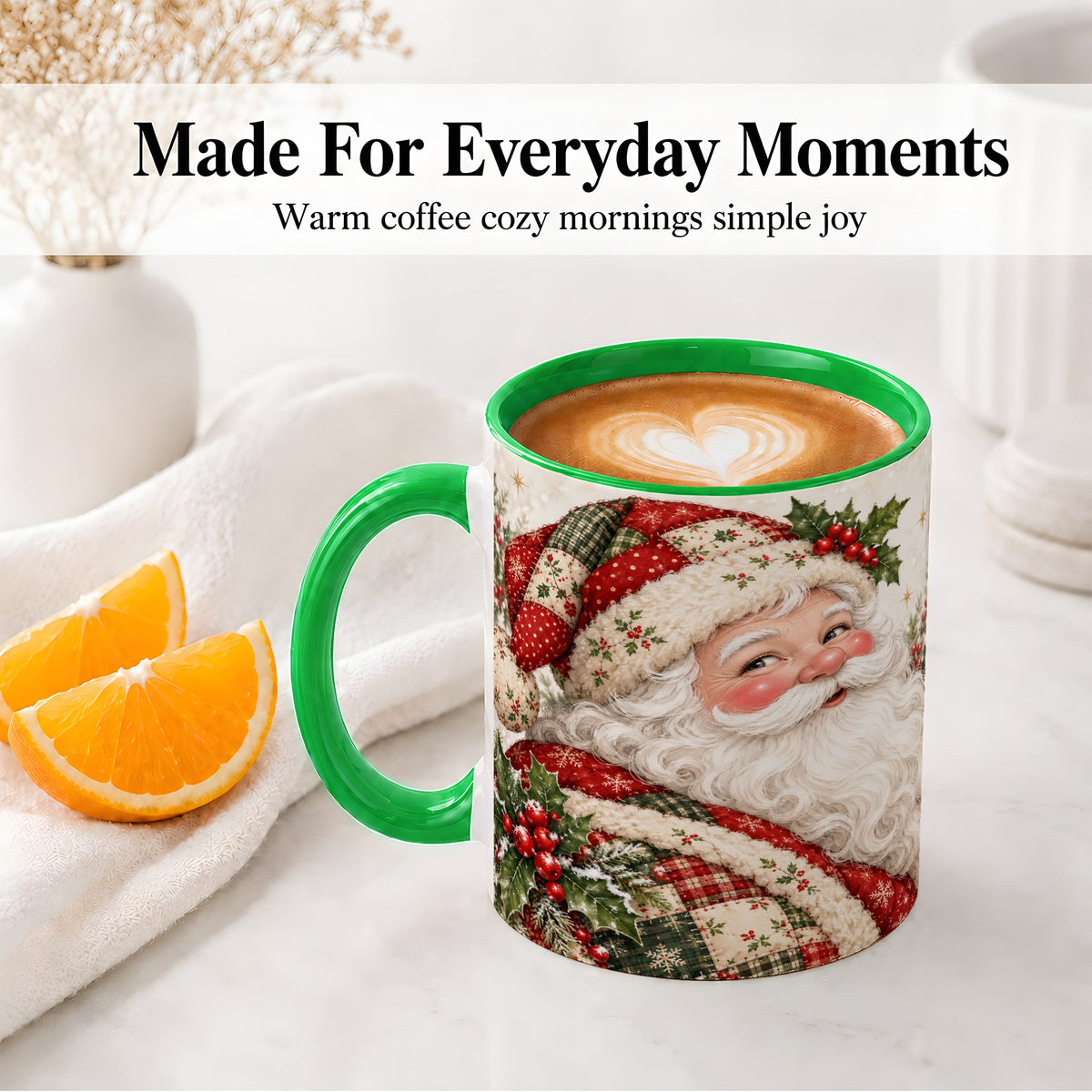 #pl[11oz|Green] Patchwork Santa Portrait Mug, Ceramic Mug with Holly Artwork