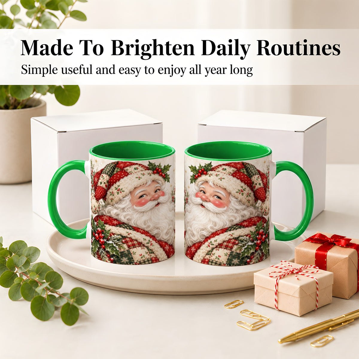 #pl[11oz|Green] Patchwork Santa Portrait Mug, Ceramic Mug with Holly Artwork