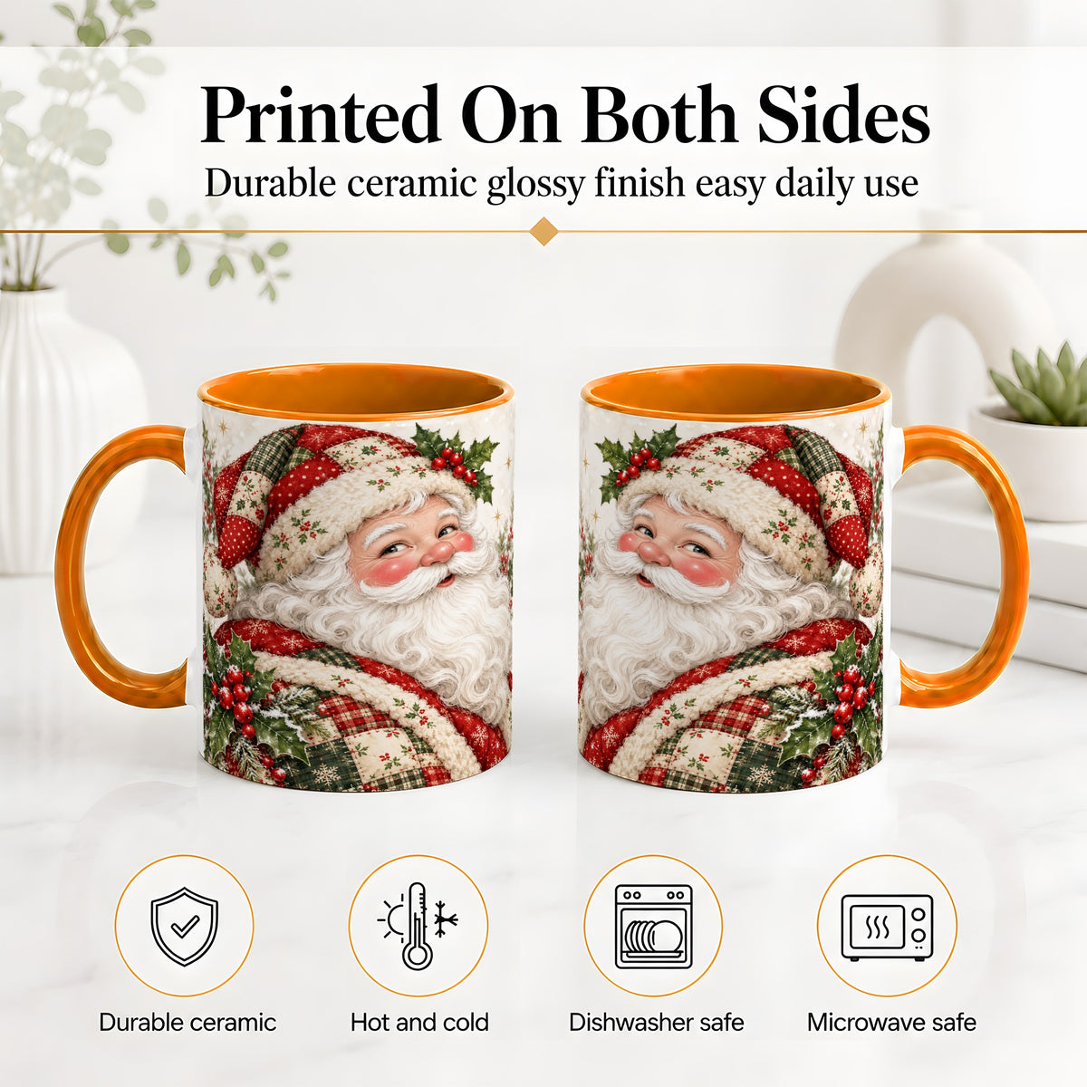 #pl[11oz|Orange] Patchwork Santa Portrait Mug, Ceramic Mug with Holly Artwork